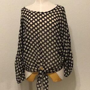 Cha Cha Vente Top Sheer Black White Polka Dot Tie Front Scoop Neck Size L